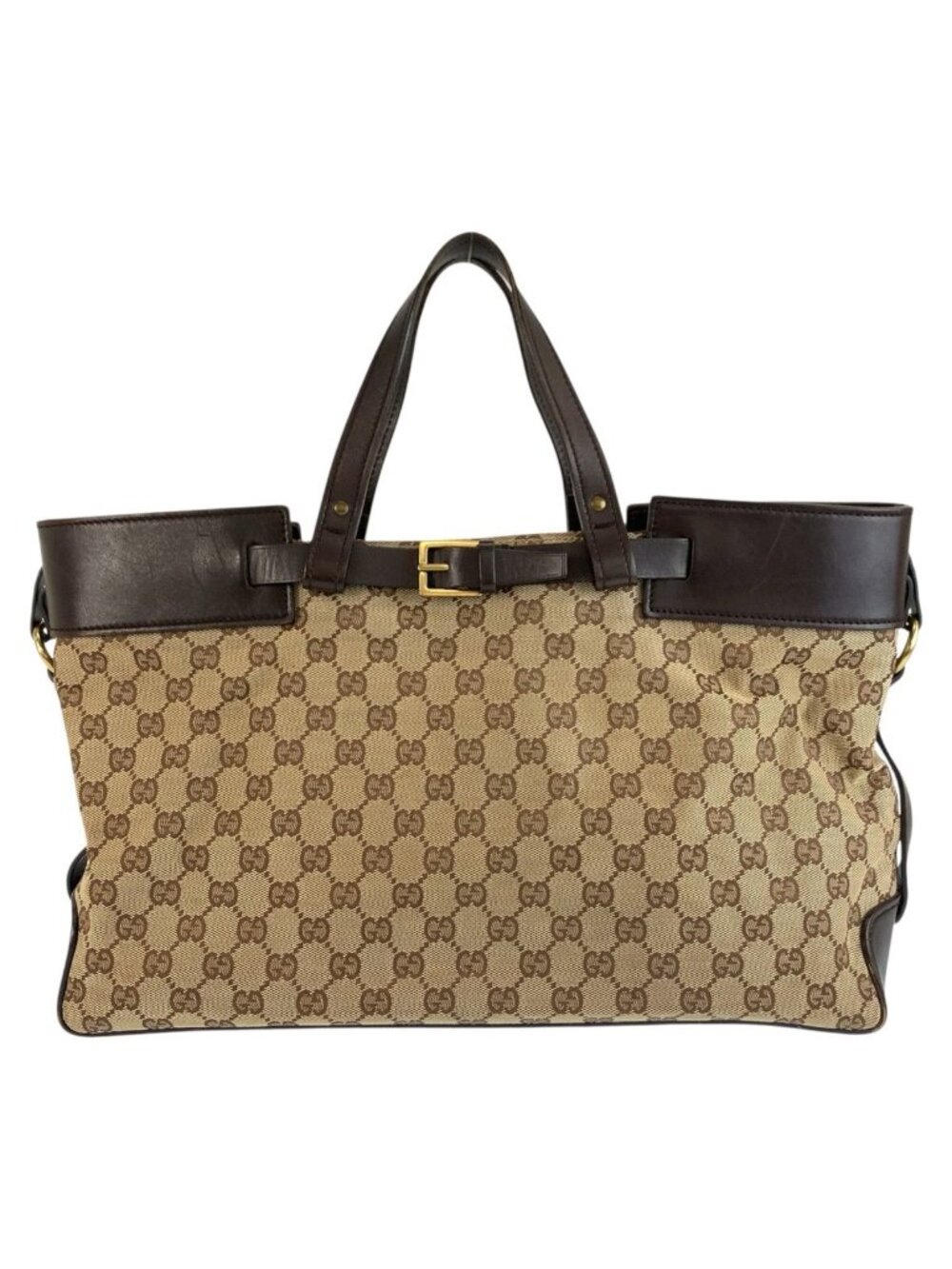 Gucci Brown Beige Gold GG Canvas Leather Tote Bag